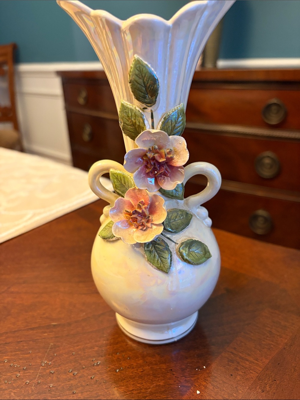 Iridescent Ceramic Floral Vase in Cream, Pink and Green